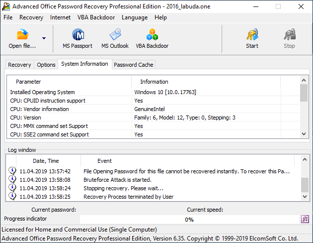 Advanced Office Password Recovery system information