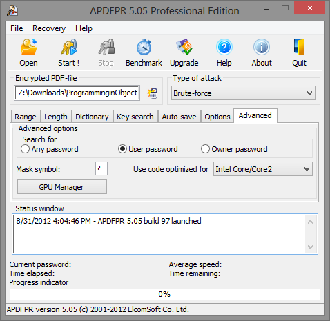Advanced PDF Password Recovery advanced settings
