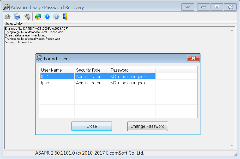 Advanced Sage Password Recovery Main Window