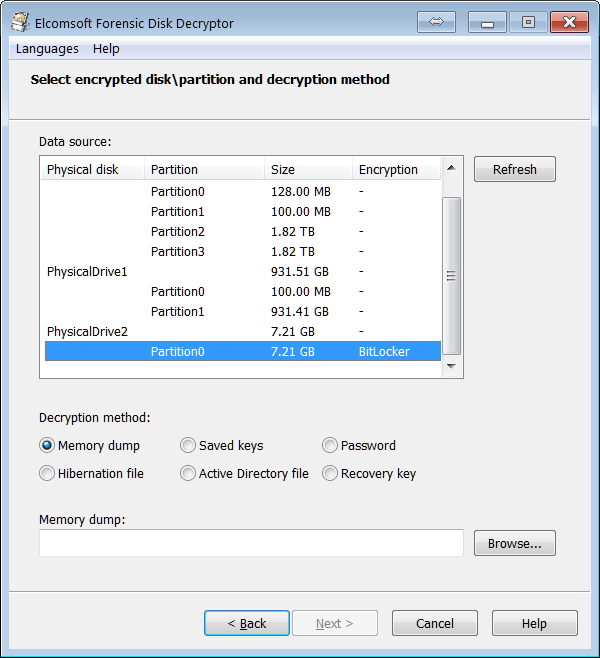 Elcomsoft Forensic Disk Decryptor selecting encrypted disk/partition and decryption method