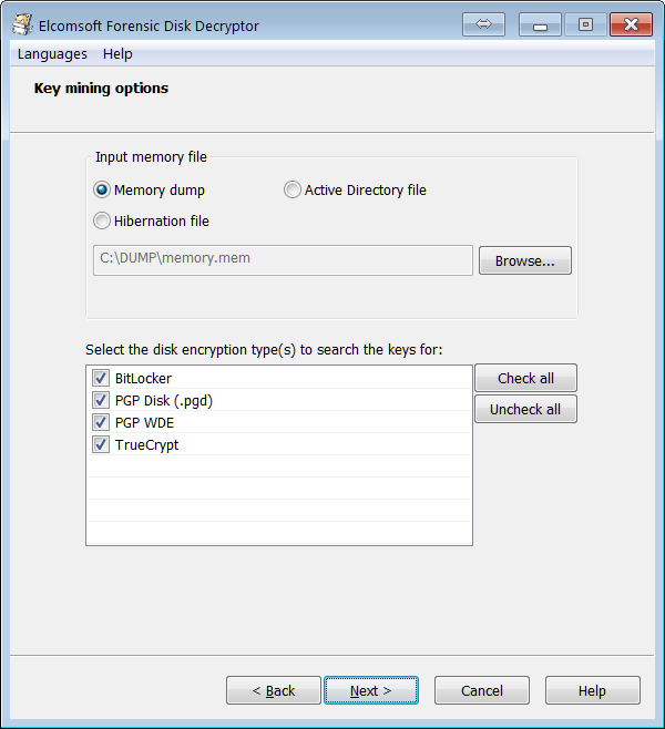 Elcomsoft Forensic Disk Decryptor key mining options